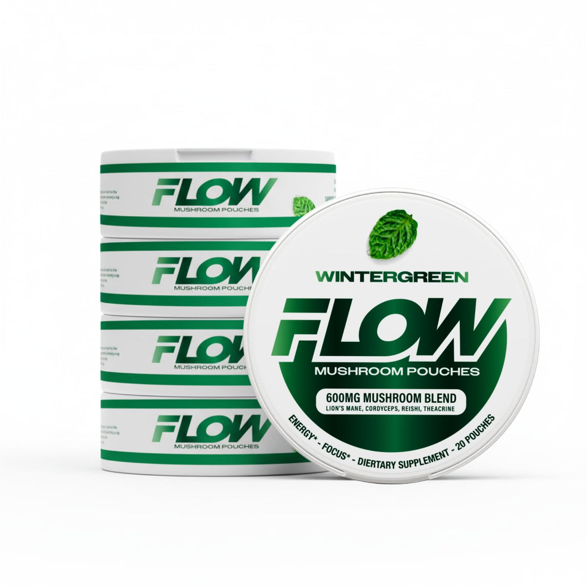 Flow Pouches mushroom nootropic can in wintergreen for focused work without caffeine