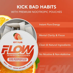 Flow Pouches Mushroom Nootropic citrus can pack highlights clean citrus lift without caffeine.