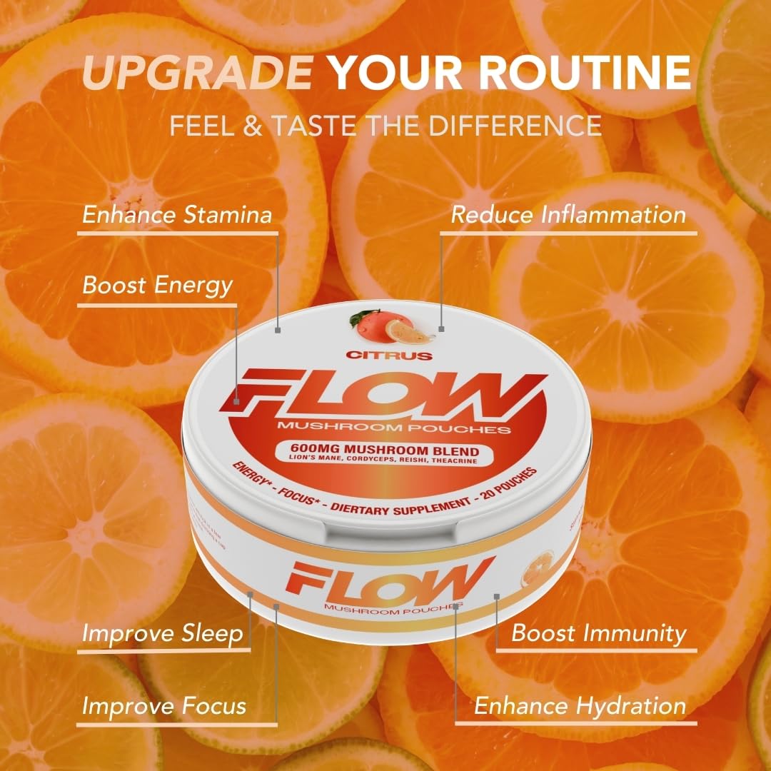 Flow Pouches Mushroom Nootropic hands-free use enables on-the-go work and study.