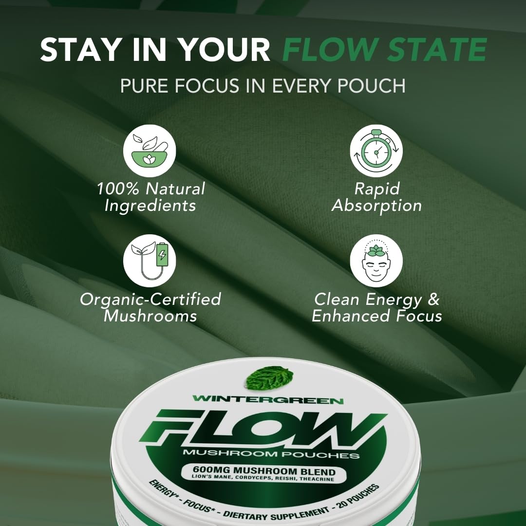 Flow Pouches ingredient blend of Lion's Mane, Reishi, Cordyceps for daily focus