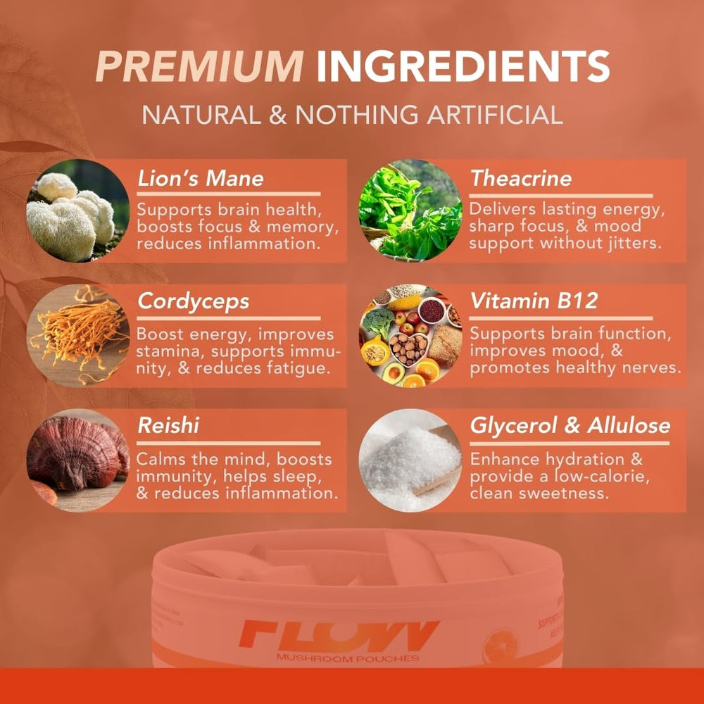 Flow Pouches Mushroom Nootropic nicotine-free design supports a tobacco-free alternative.