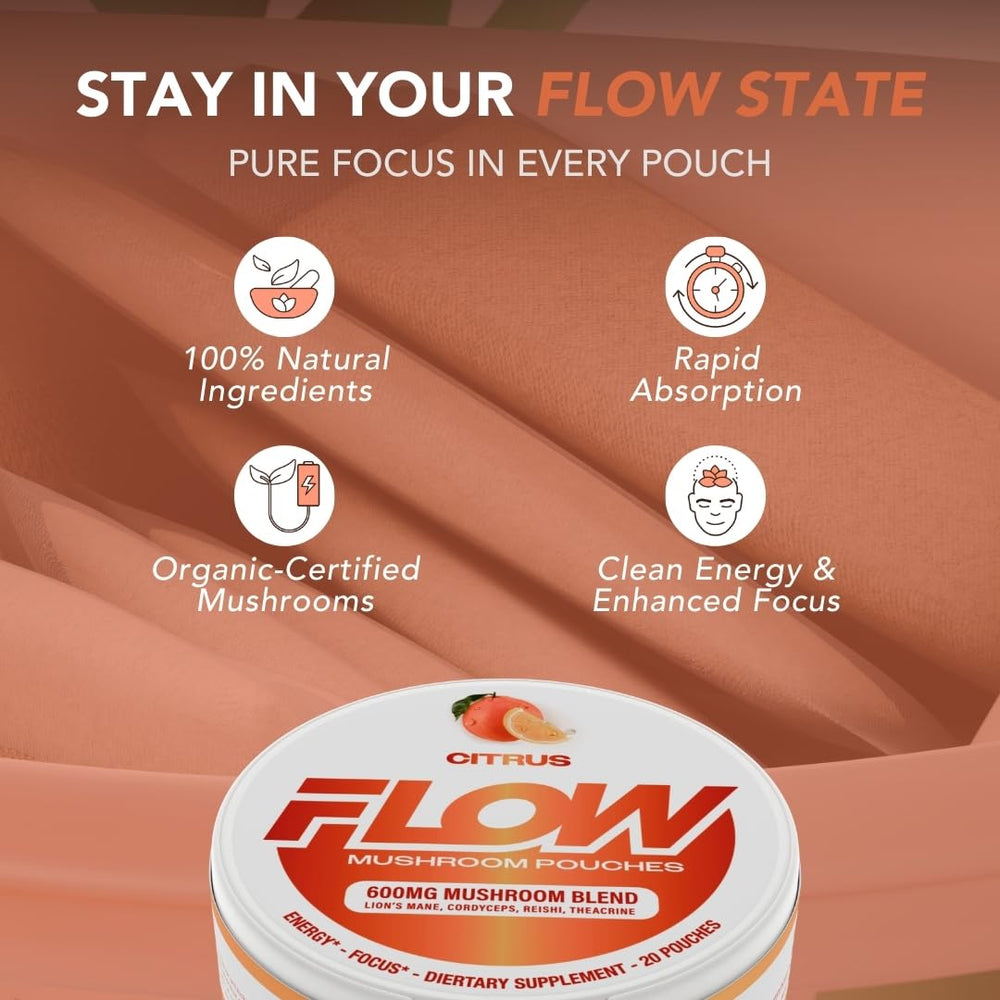 Flow Pouches Mushroom Nootropic organic ingredients Lions Mane support focused moments naturally.