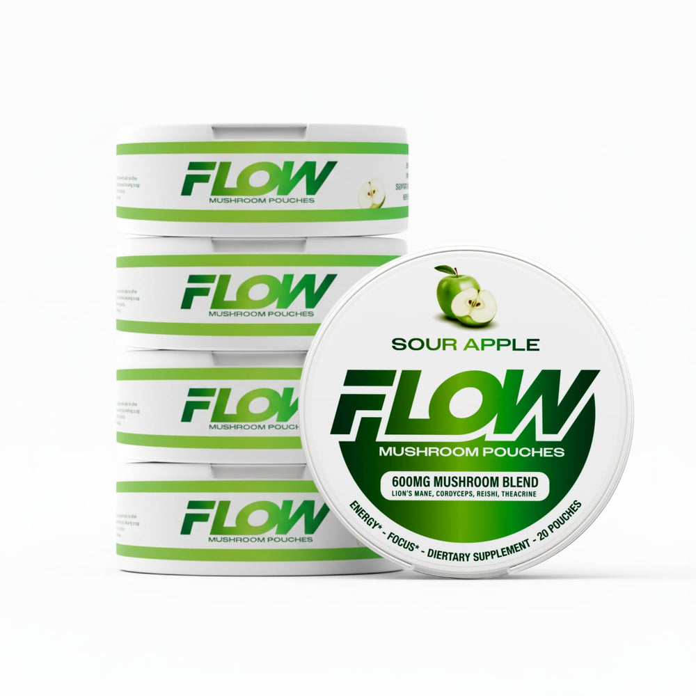 Flow Pouches Mushroom Nootropic pack-front, caffeine-free energy for focused days.