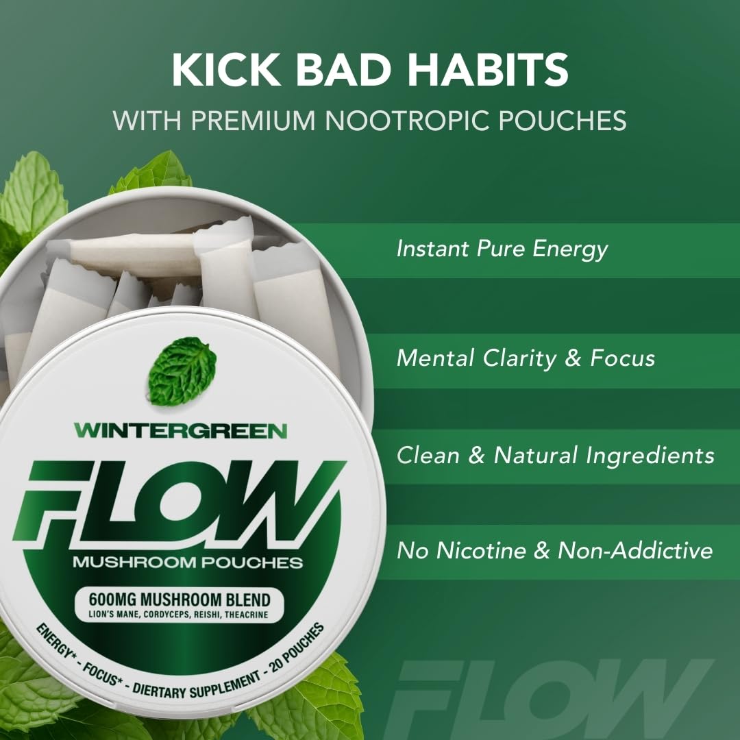 Flow Pouches mushroom nootropic pouch close-up highlighting wintergreen flavor