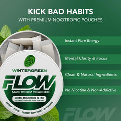 Flow Pouches mushroom nootropic pouch close-up highlighting wintergreen flavor