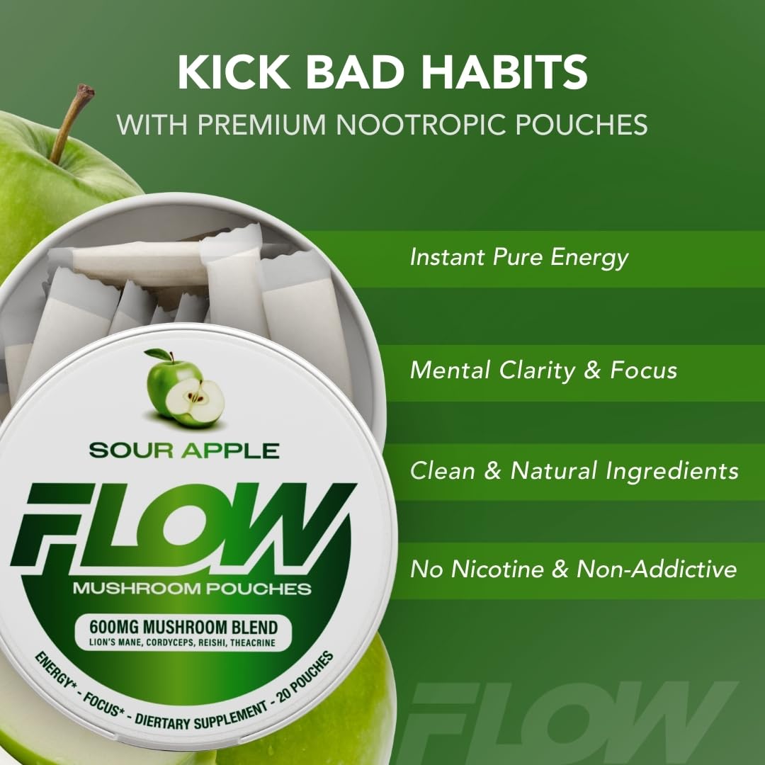 Flow Pouches Sour Apple pouch close-up, refreshing flavor with clean energy.