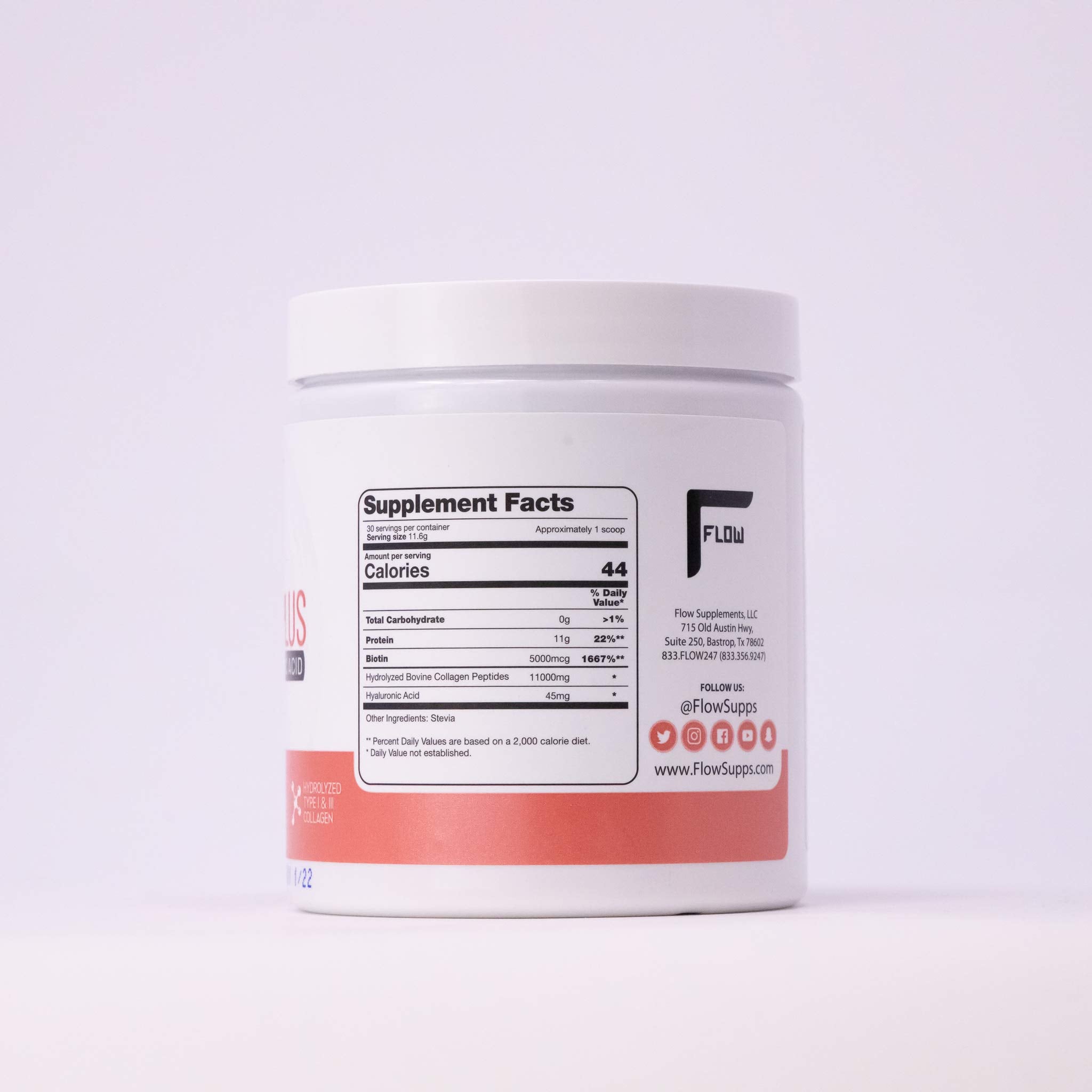Flow Supps Collagen Plus packaging emphasizes protein for connective tissues.
