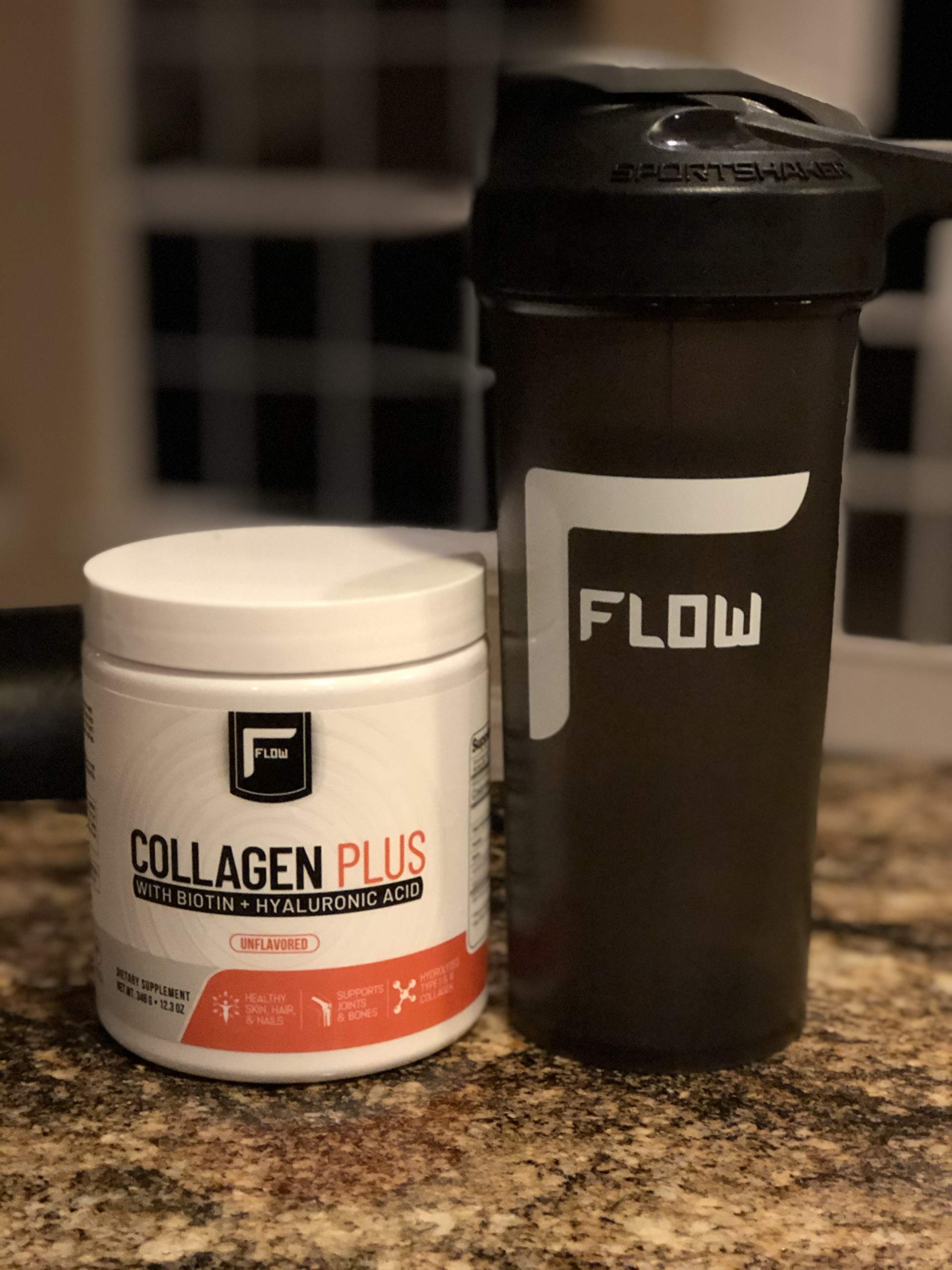 Flow Supps Collagen Plus jar on kitchen counter with grass-fed badge.