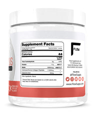 Flow Supps Collagen Plus label closeup highlighting hyaluronic acid and biotin.