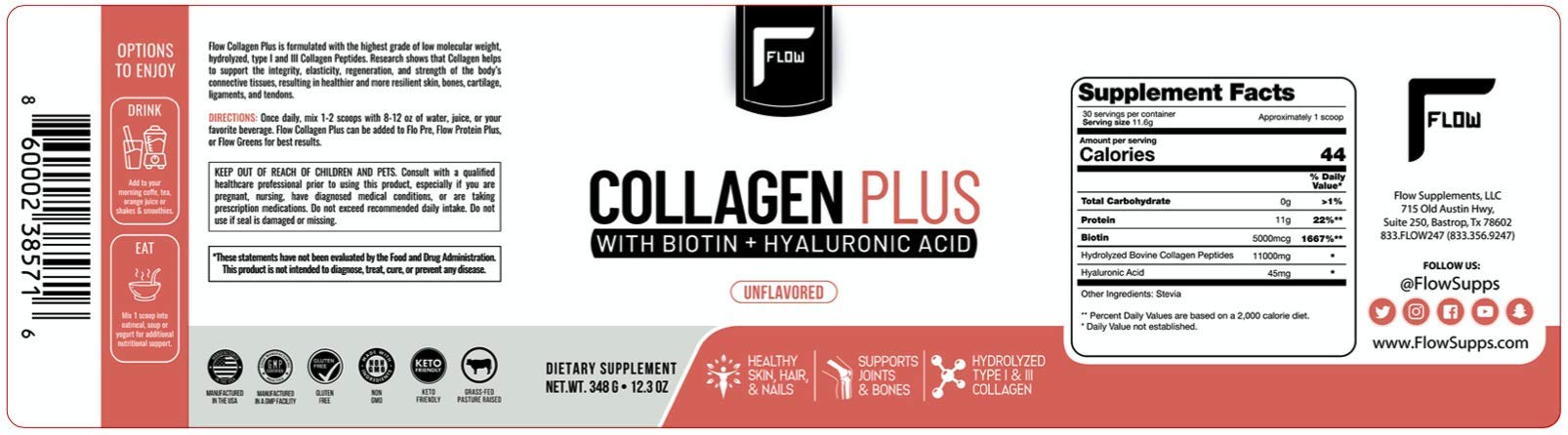 Flow Supps Collagen Plus powder in glass for smooth mixing.
