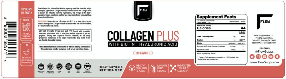 Flow Supps Collagen Plus powder in glass for smooth mixing.