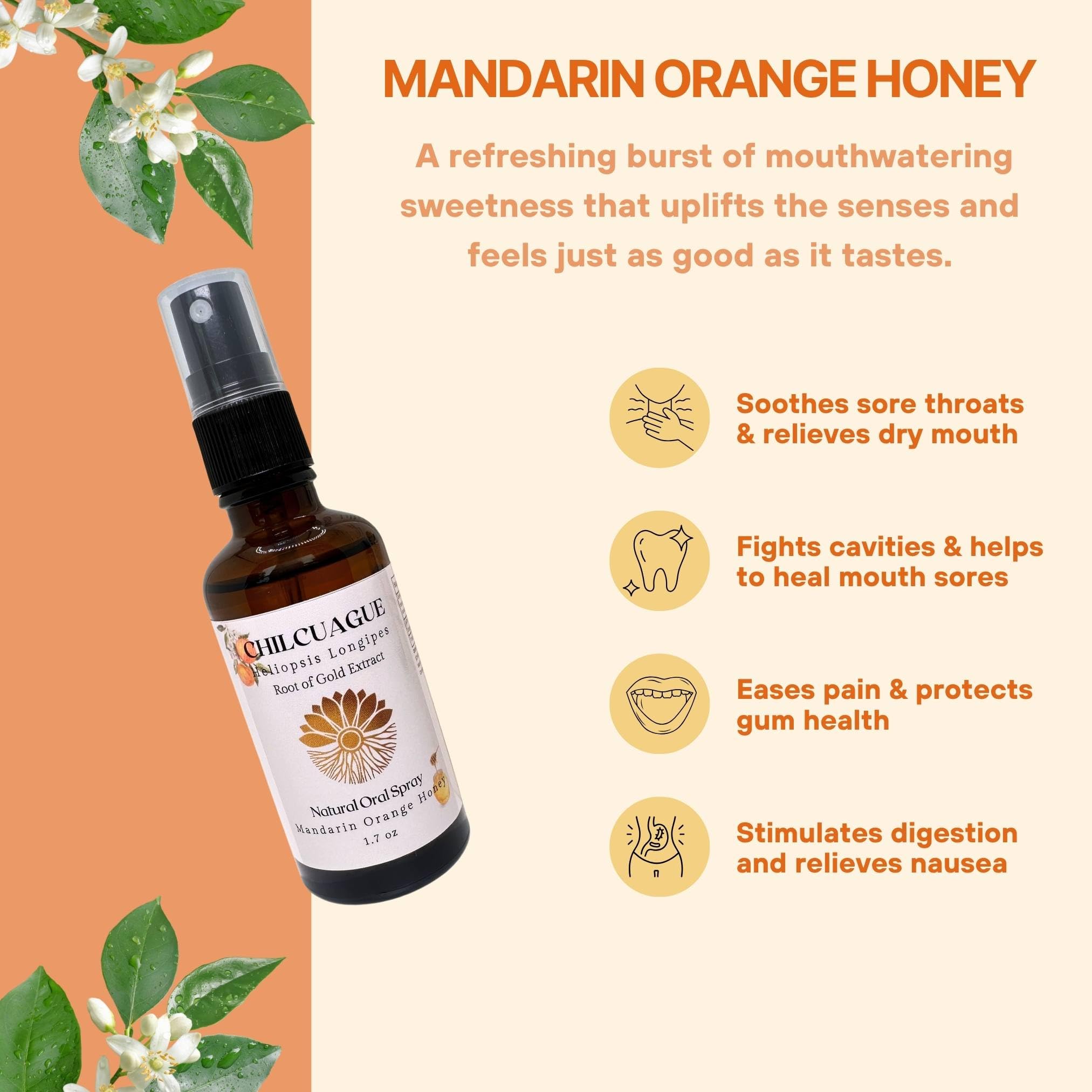 Flower & Song Chilcuague ingredients highlight hydroethanolic extract for soothing oral care.