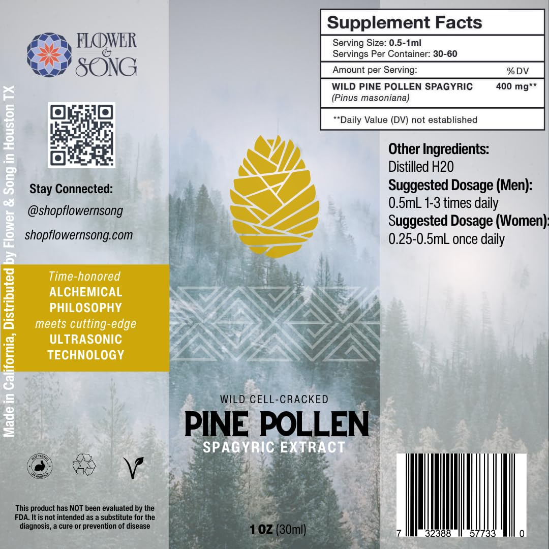 Flower & Song pine pollen tincture dropper closeup for precise dosing.