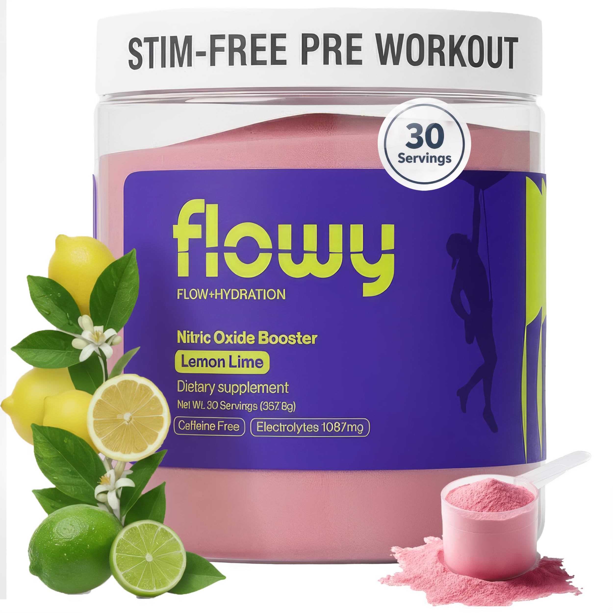 Flowy Stim Free lemon-lime bottle promotes caffeine-free energy for evening workouts