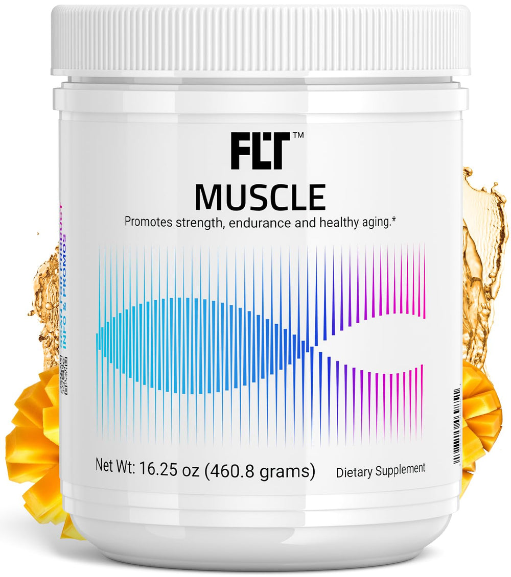 FLT Muscle bottle label highlighting vegan ingredients for daily performance support.