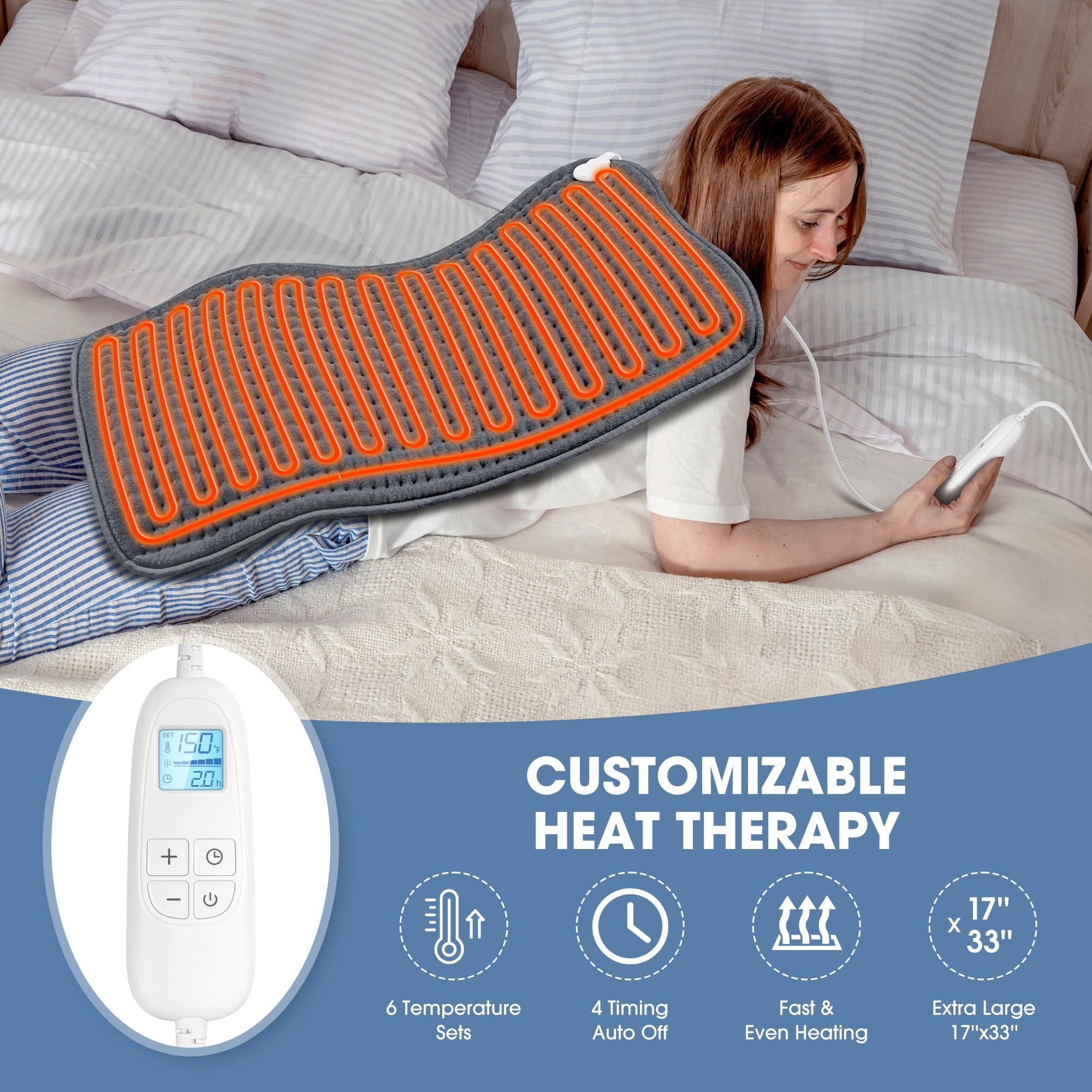 FluffyWarmth XXXL heating pad for abdomen warmth to ease soreness and promote comfort.