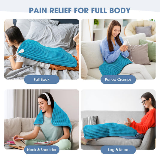 FluffyWarmth XXXL heating pad shown on back and shoulders