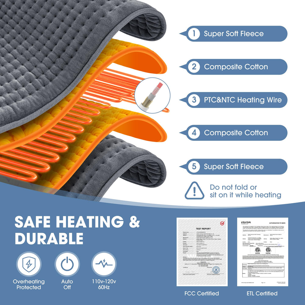 FluffyWarmth XXXL heating pad features a long 10 ft cord for flexible use.
