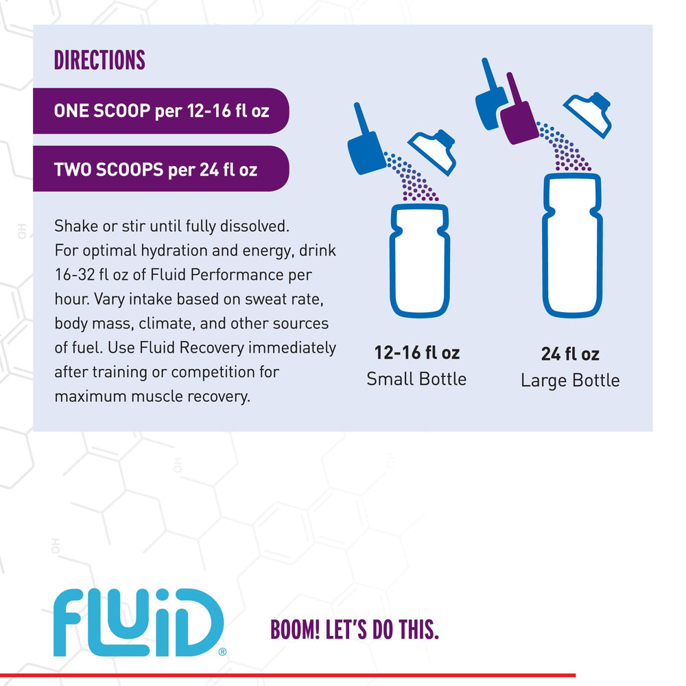 Fluid Performance gluten-free vegan label indicates all-natural ingredients.