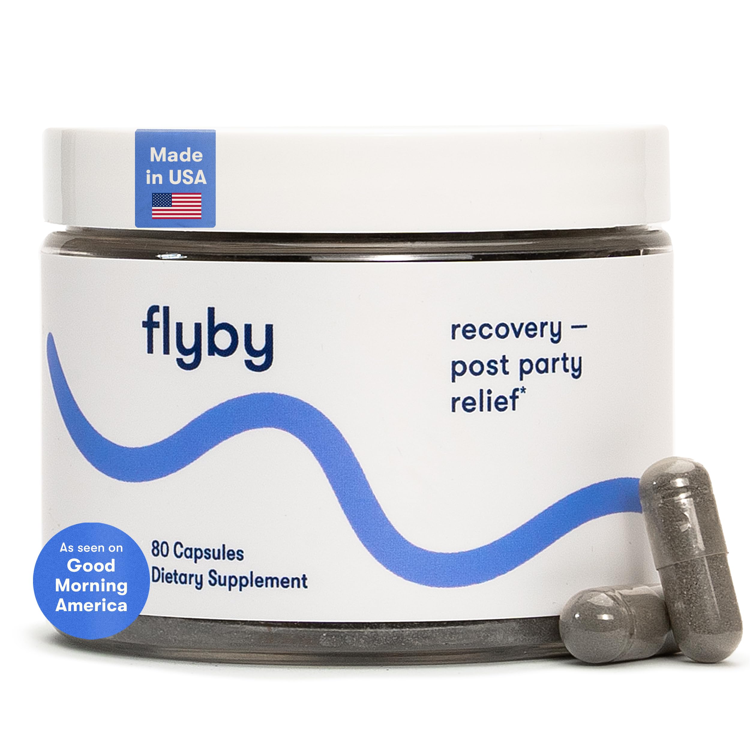 Flyby Recovery bottle featuring DHM blend for post-night-out support.