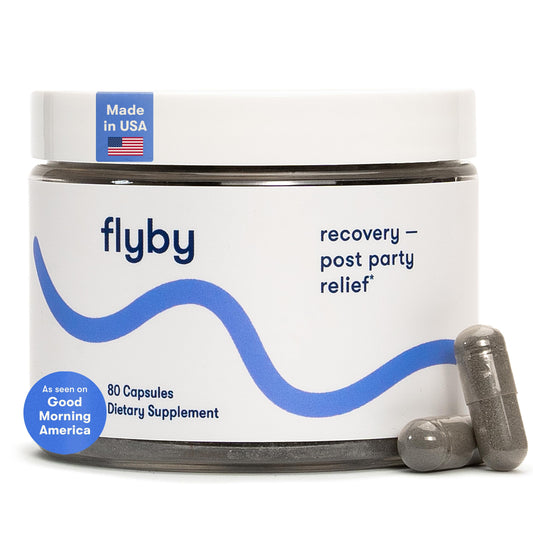Flyby Recovery bottle featuring DHM blend for post-night-out support.