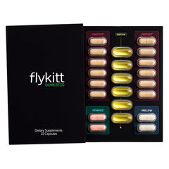 Flykitt balance bottle pour demonstrates the jet lag support formula for quick energy