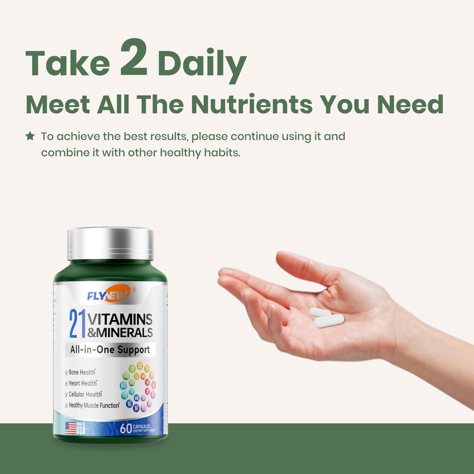 Flynew 21in1 ingredient icons indicate comprehensive nutrient coverage