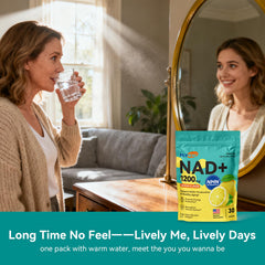 Flynew NAD Plus daily morning routine sachets on a kitchen counter