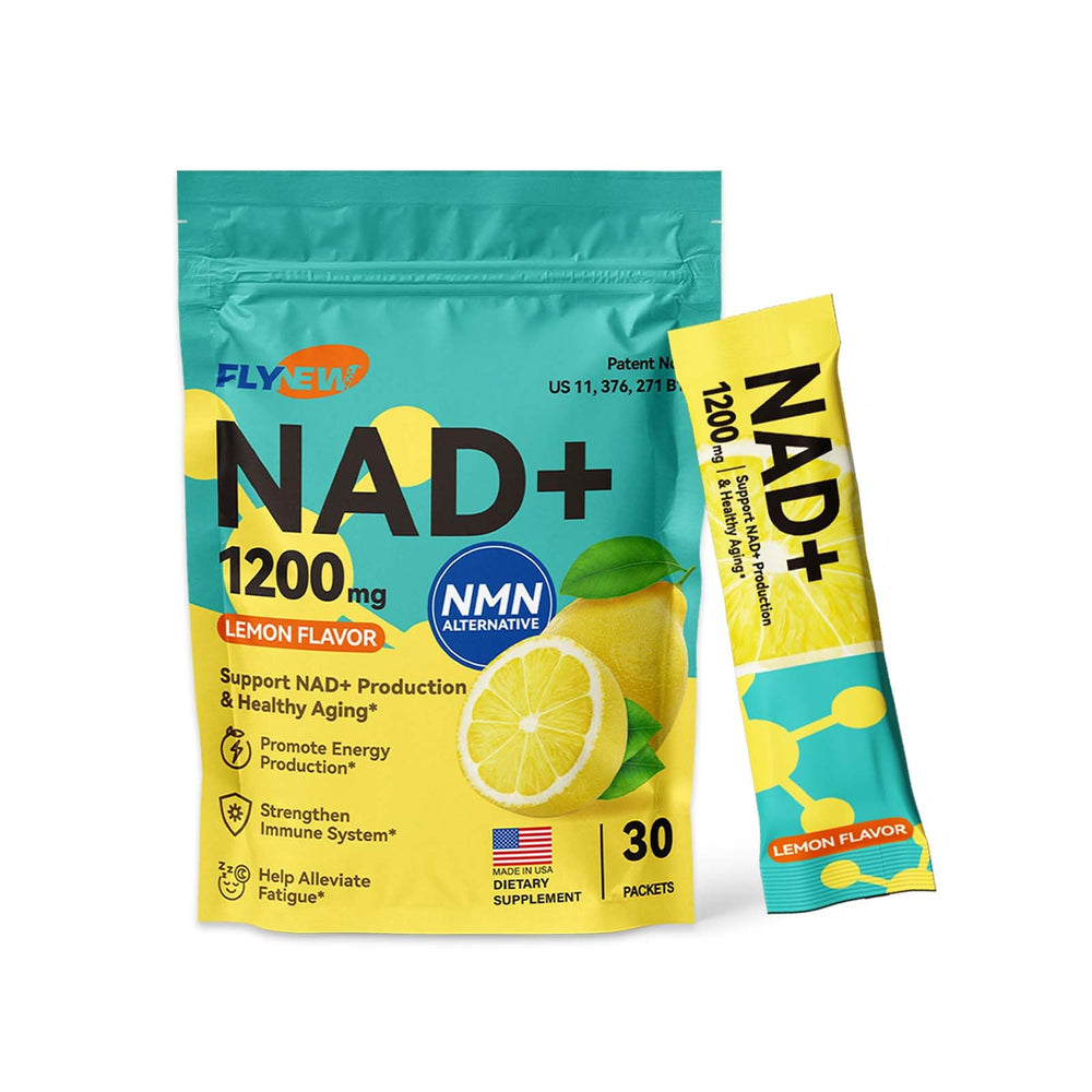 Flynew NAD Plus Lemon packet ready to mix for a refreshing energy boost