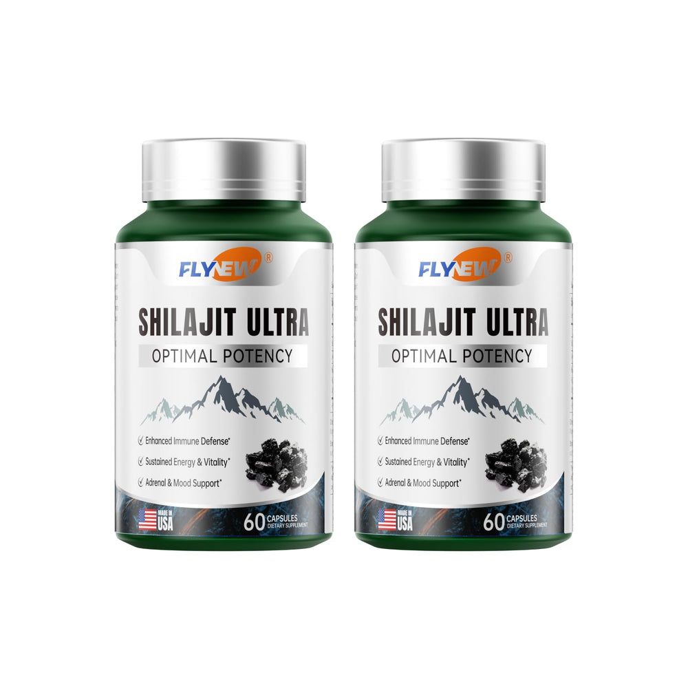 Flynew Shilajit 2-bottle set shown for sustained vitality and daily energy.