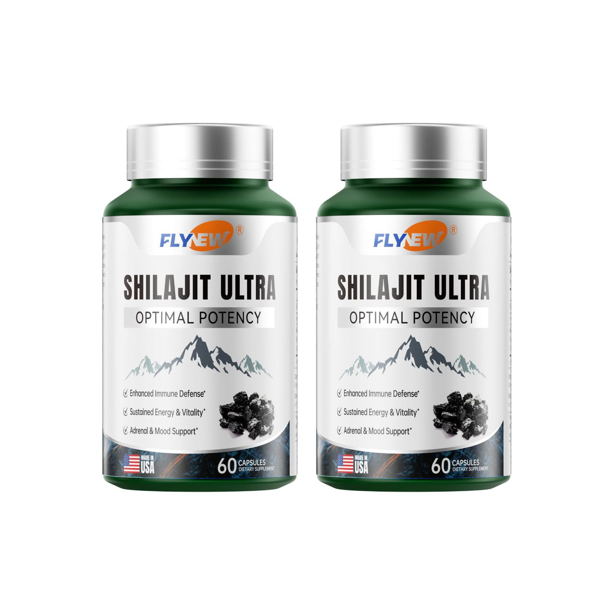 Flynew Shilajit 2-bottle set shown for sustained vitality and daily energy.