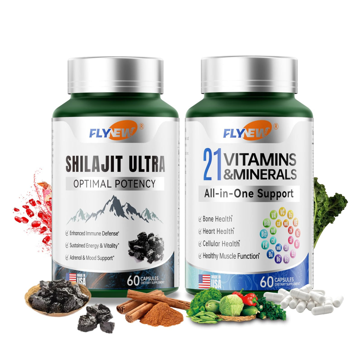 Flynew Shilajit bottle label signals premium energy support for daily stamina.