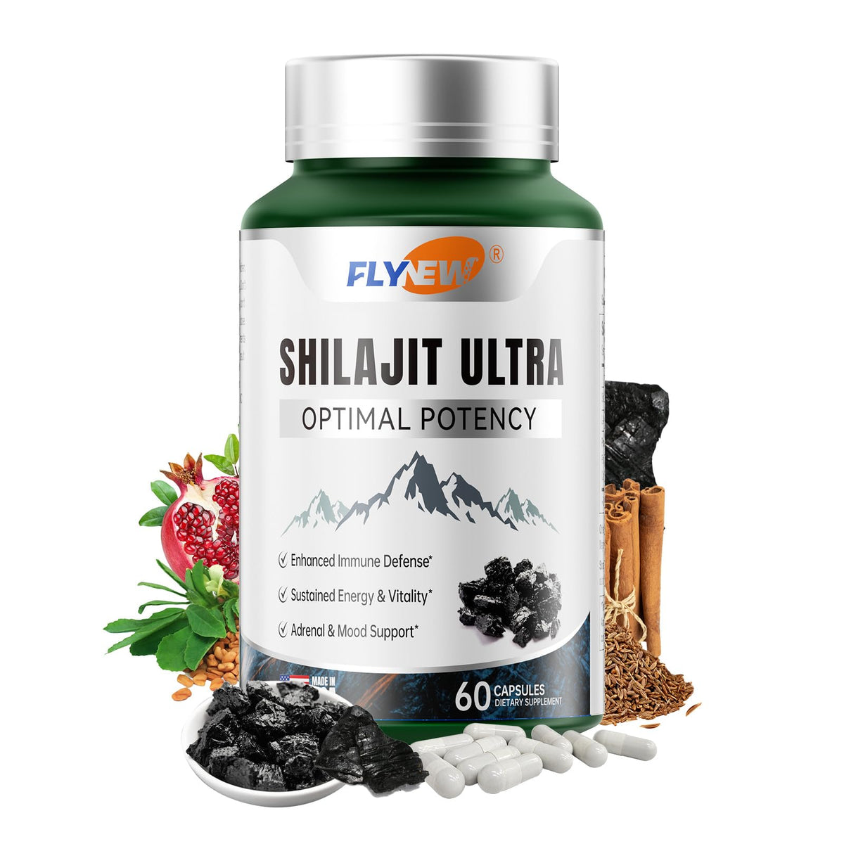 Flynew Shilajit capsules close-up for daily vitality