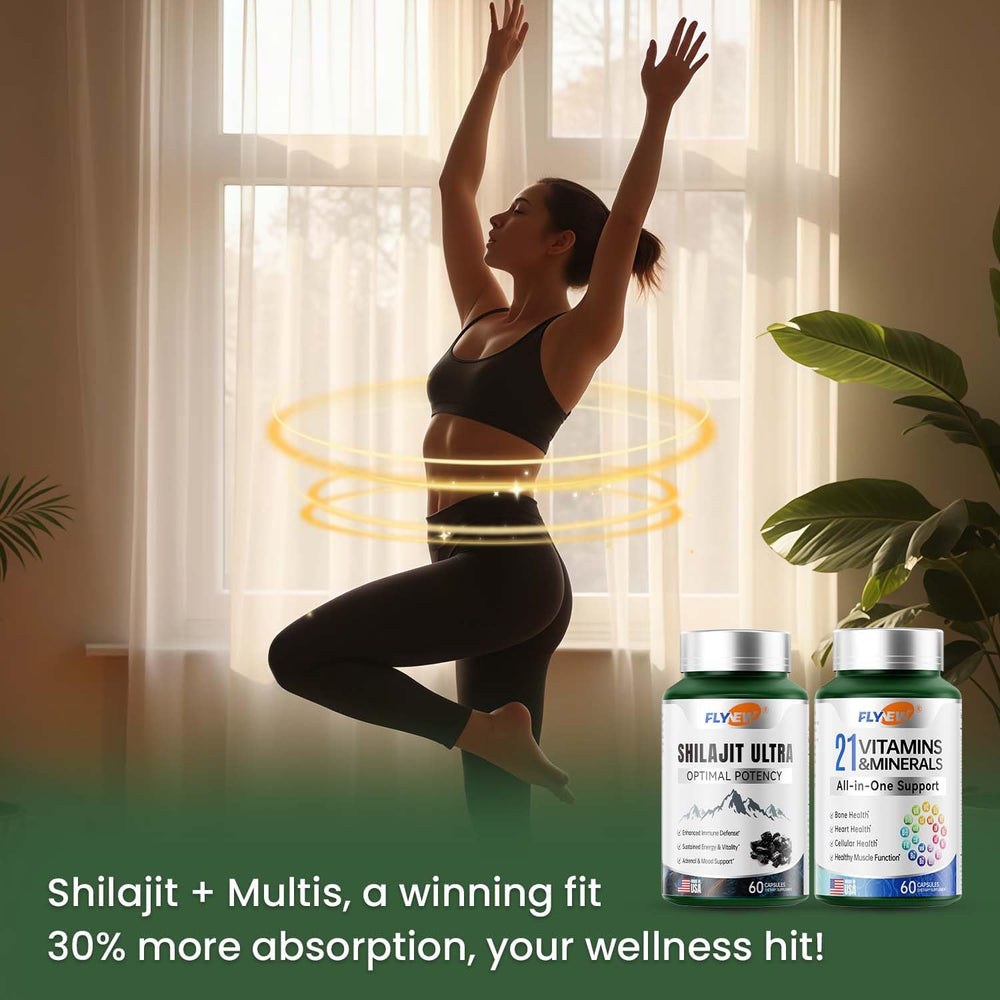 Flynew Shilajit capsules on table suggest convenient daily vitality boost.