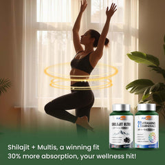 Flynew Shilajit capsules on table suggest convenient daily vitality boost.