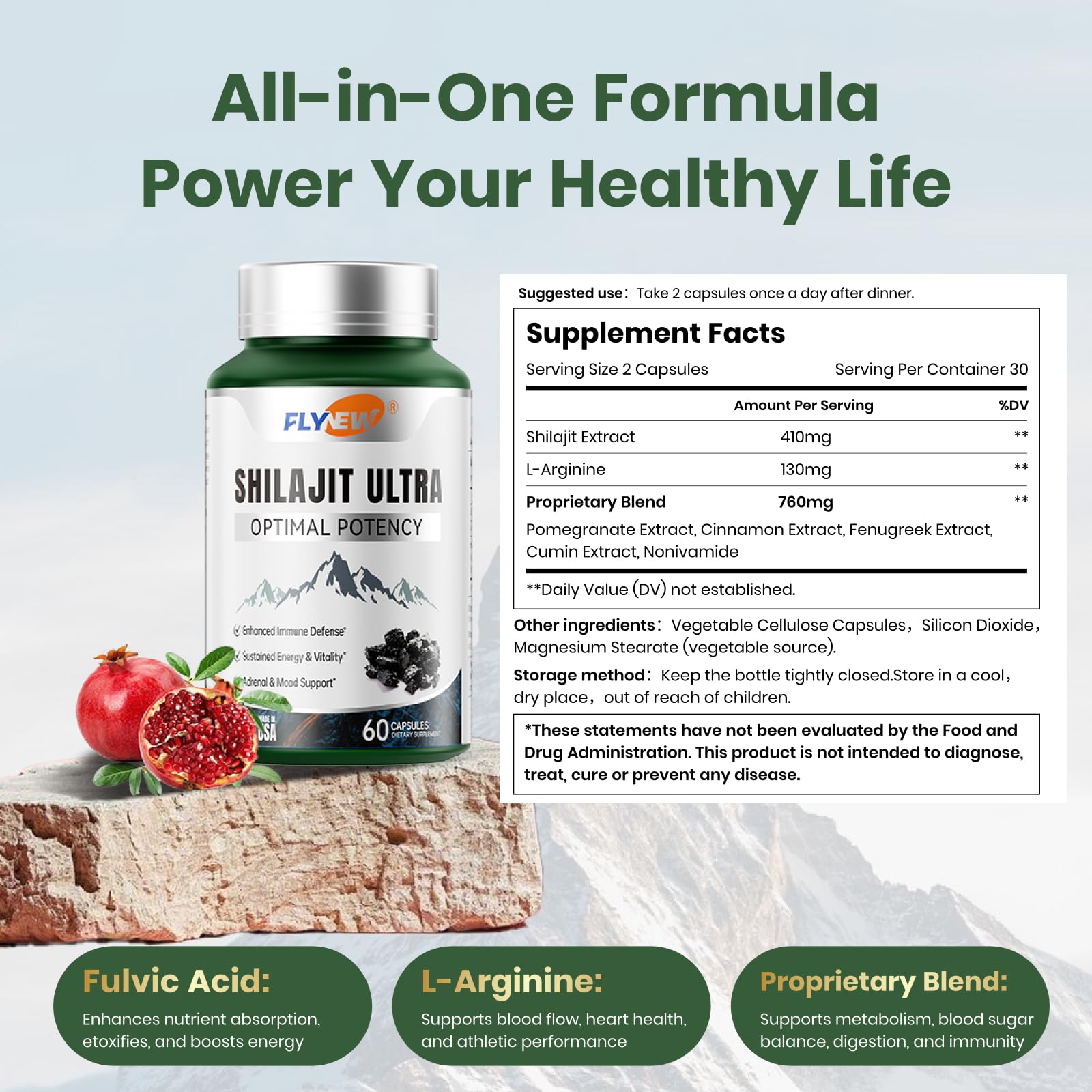 Flynew Shilajit capsules easy to swallow for daily absorption.