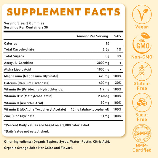 Flyrocer gummies closeup orange flavor highlighting brain-friendly support.