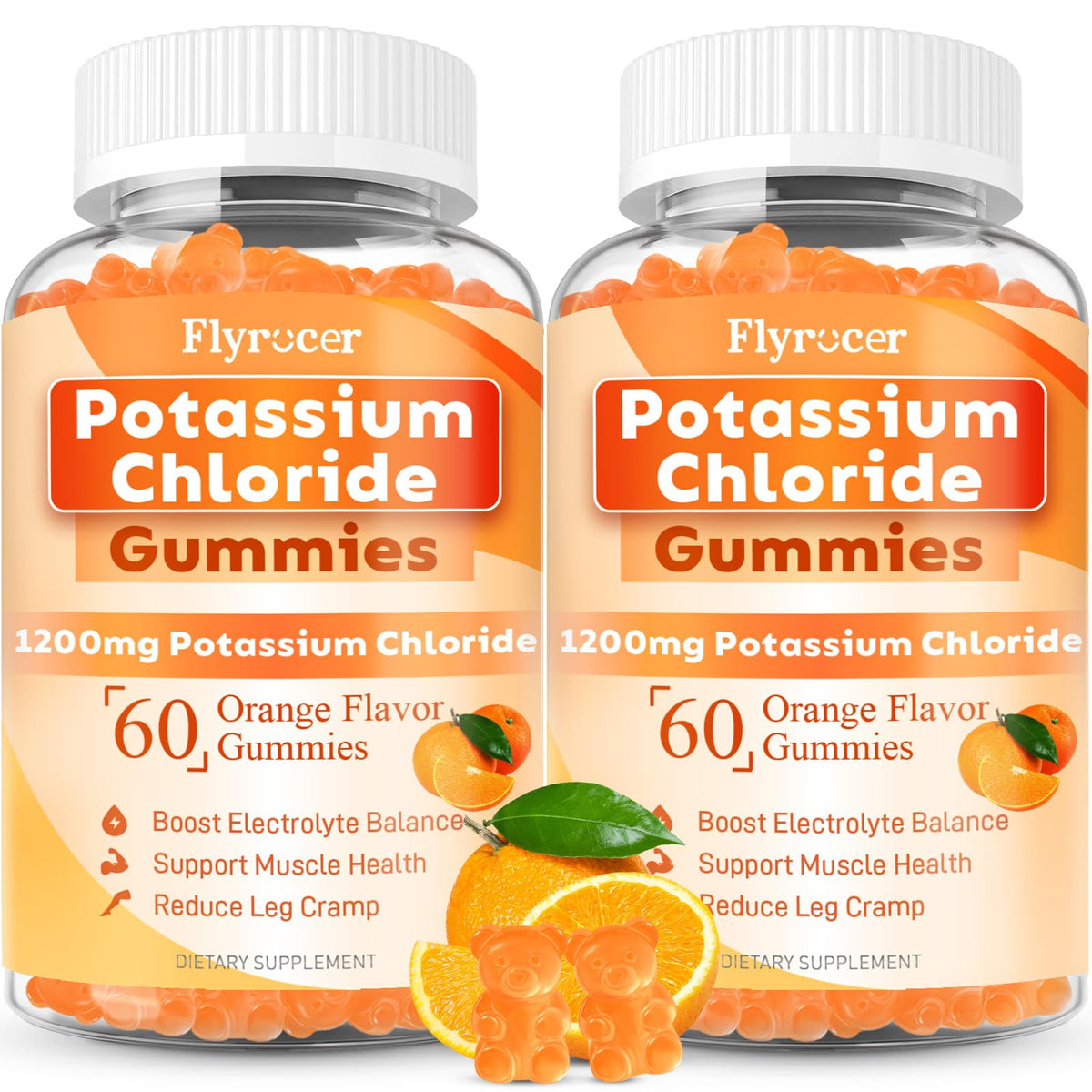 Flyrocer Potassium Gummies orange bottle for daily electrolyte balance.