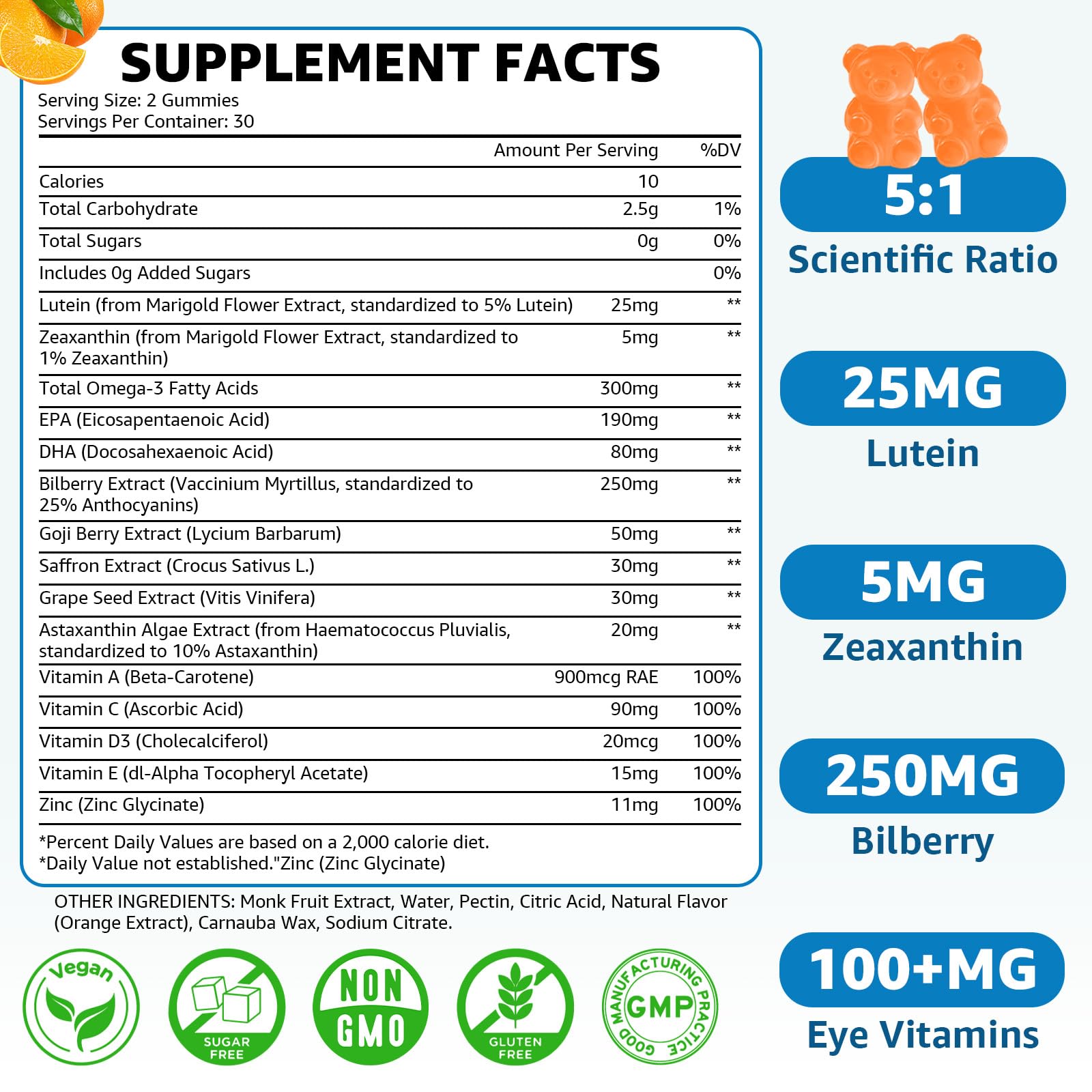 Flyrocer gummies bottle pouring out a convenient daily eye health supplement.