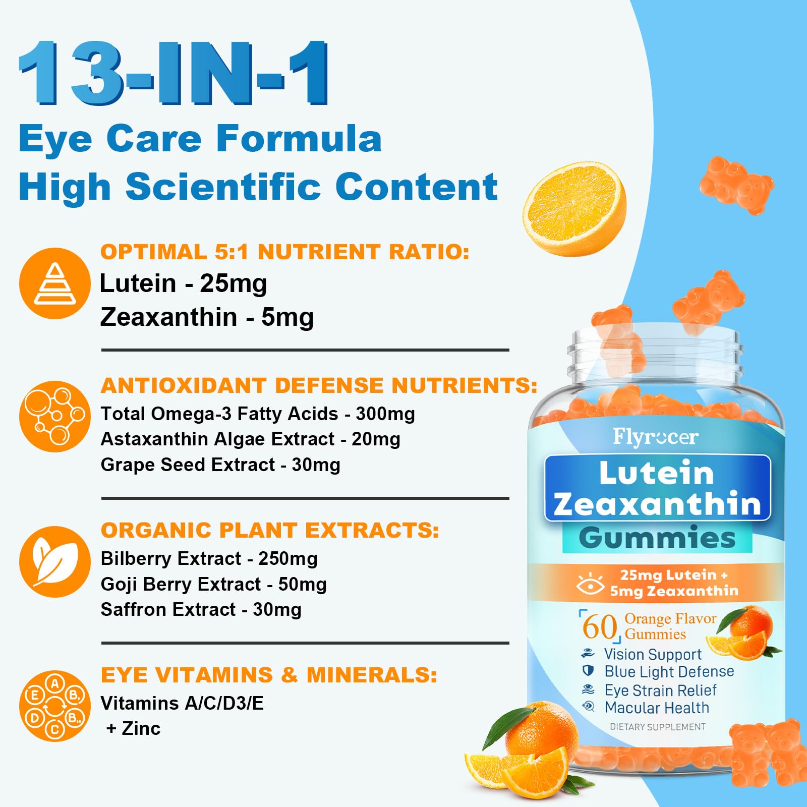 Close-up of Flyrocer orange bear gummy designed for eye health.