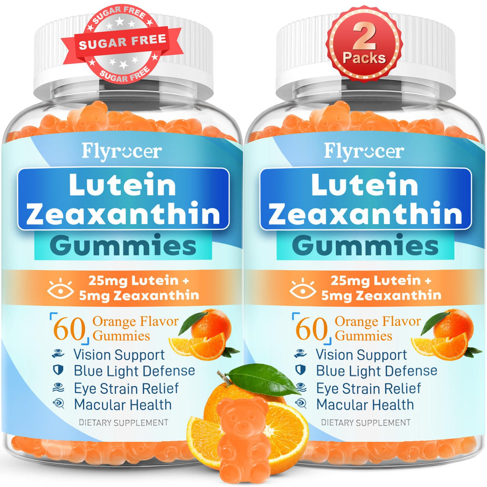 Flyrocer Sugar Free Lutein Gummies orange bear packaging highlights eye health support.