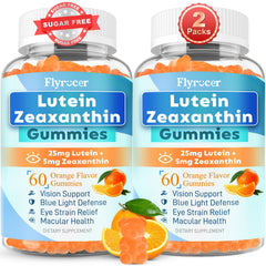 Flyrocer Sugar Free Lutein Gummies orange bear packaging highlights eye health support.