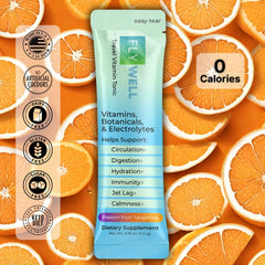 FlyWell travel tonic label closeup highlights ingredients and benefits.