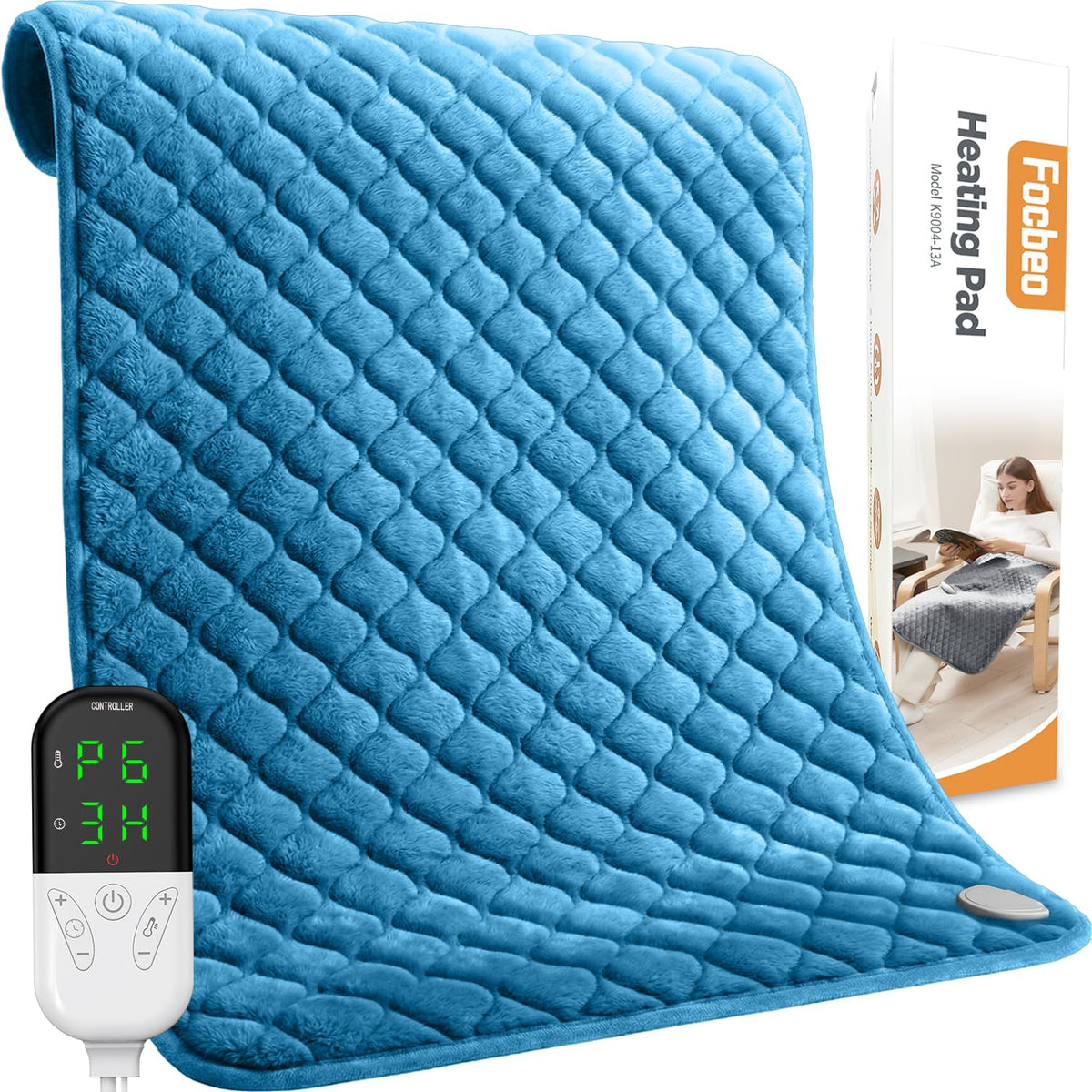 Focbeo king size heating pad blue cover for full-body warmth and back comfort.
