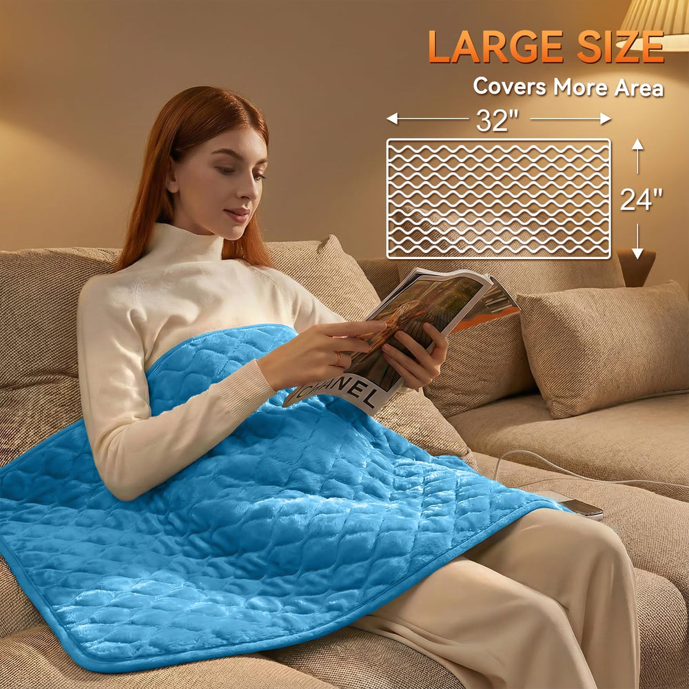 Focbeo heating pad with blue digital controller showing temperature settings.