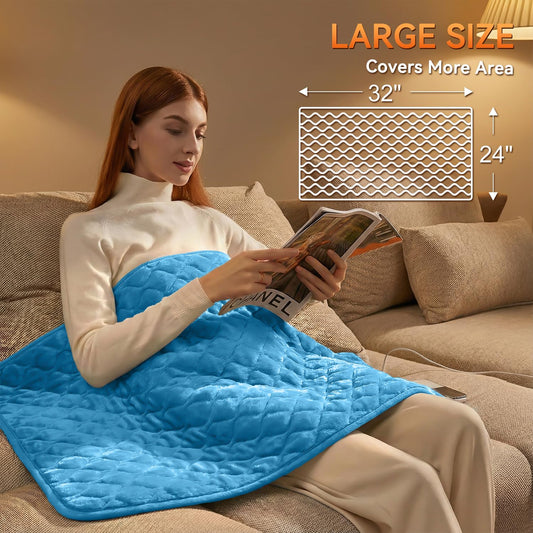 Focbeo heating pad with blue digital controller showing temperature settings.