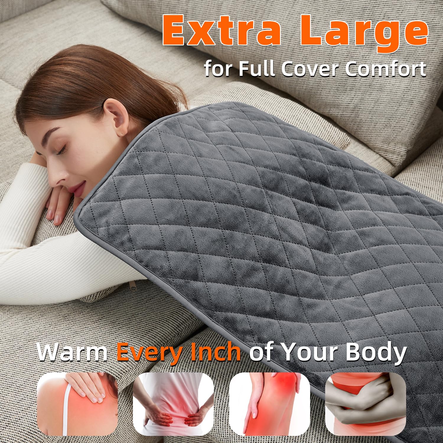 Focbeo XL heating pad on shoulders eases muscle tension with adjustable heat.
