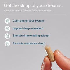 FOCL Restful Night capsules close-up highlighting six natural ingredients for gentle sleep.