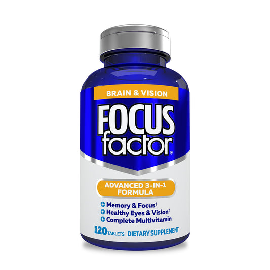 Focus Factor bottle with brain and eyes, suggesting memory and vision support.