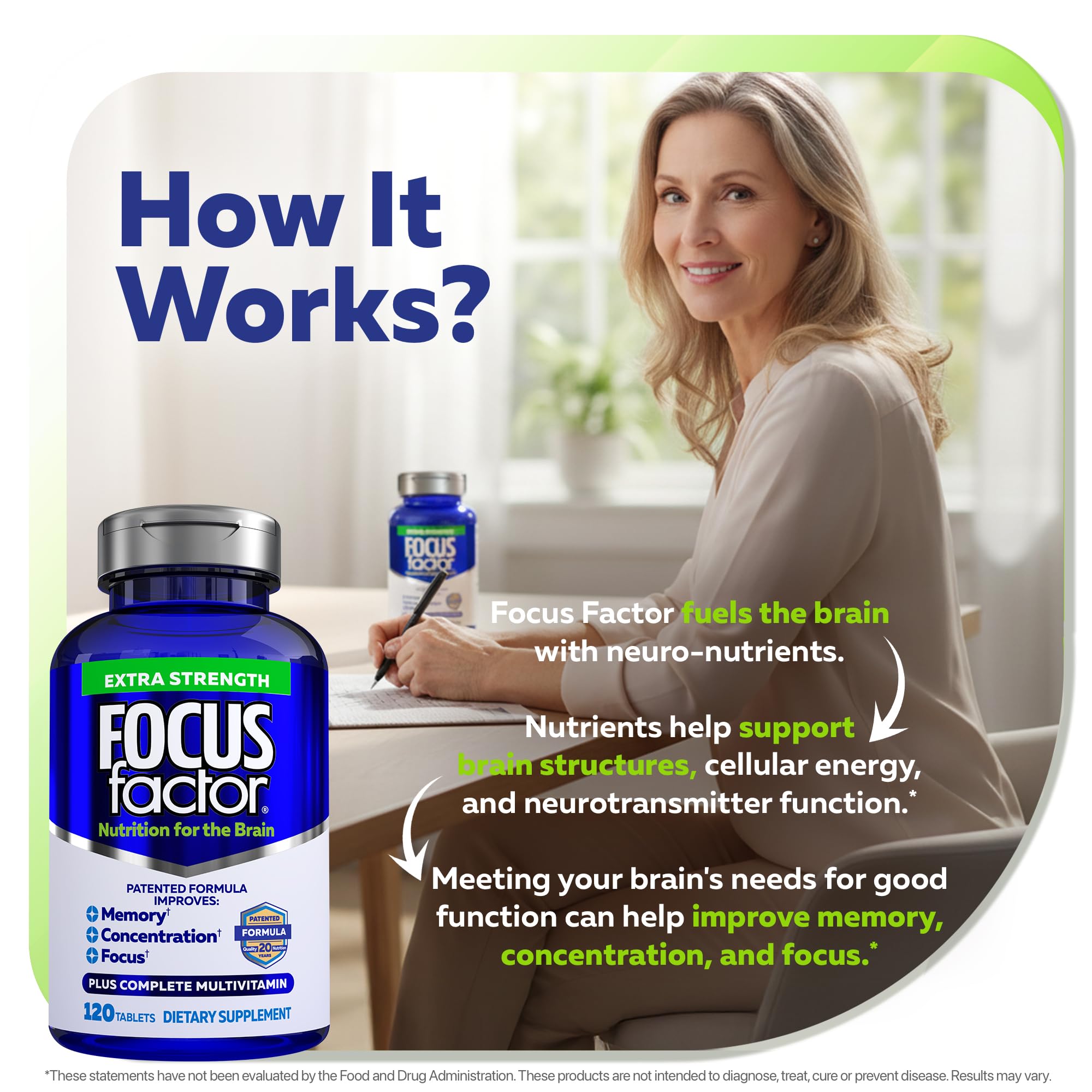 Nutrition facts panel of Focus Factor Extra Strength bottle.
